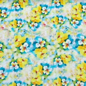 Blue and Yellow Blooms Viscose Challis Fabric