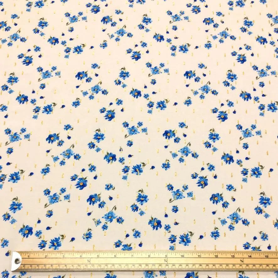 Blue Flower Gold Lurex Viscose Challis Fabric