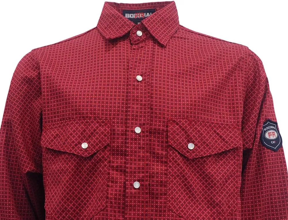 BOCOMAL FR Shirts for Men Printed Plaid Flame Resistant Clothing 6.5oz Cotton Button Up Welding Shirts NFPA2112 CAT2