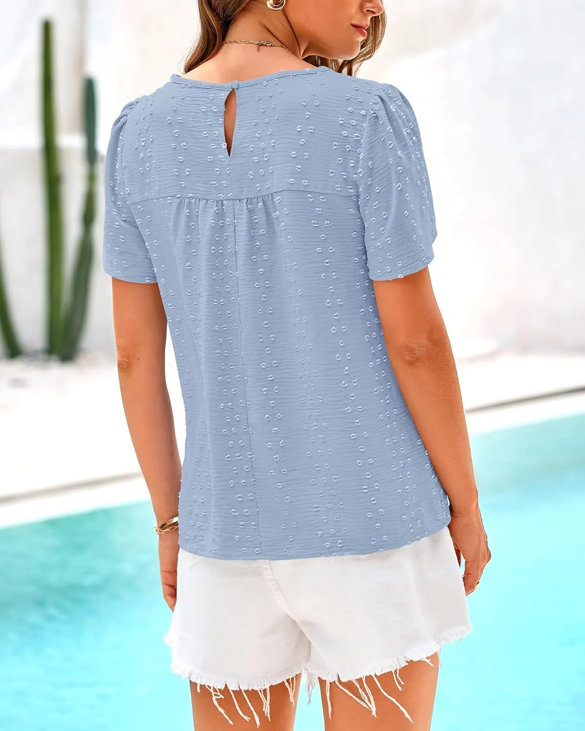 BTFBM Women's 2025 Summer Tops Swiss Dot Lace Crochet Crewneck Short Sleeve Casual Cute Shirts Boho Blouses