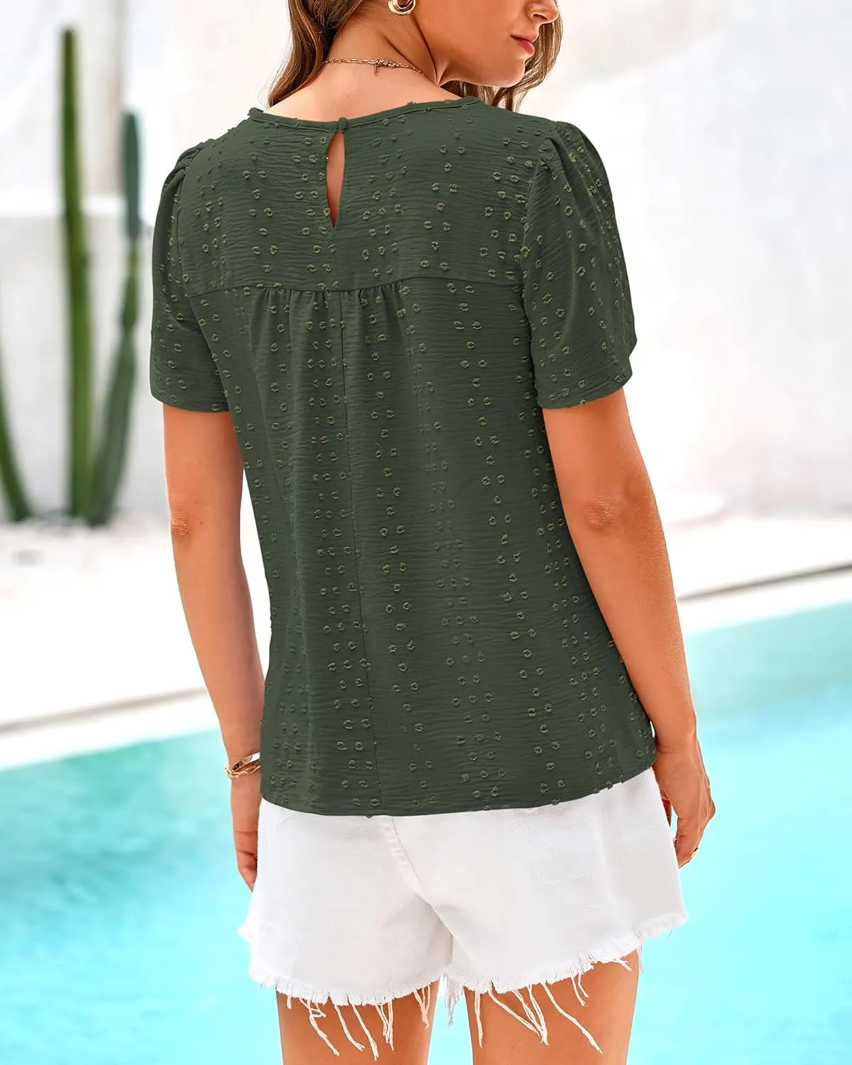BTFBM Women's 2025 Summer Tops Swiss Dot Lace Crochet Crewneck Short Sleeve Casual Cute Shirts Boho Blouses