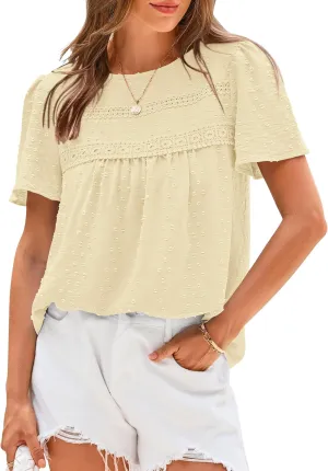 BTFBM Women's 2025 Summer Tops Swiss Dot Lace Crochet Crewneck Short Sleeve Casual Cute Shirts Boho Blouses