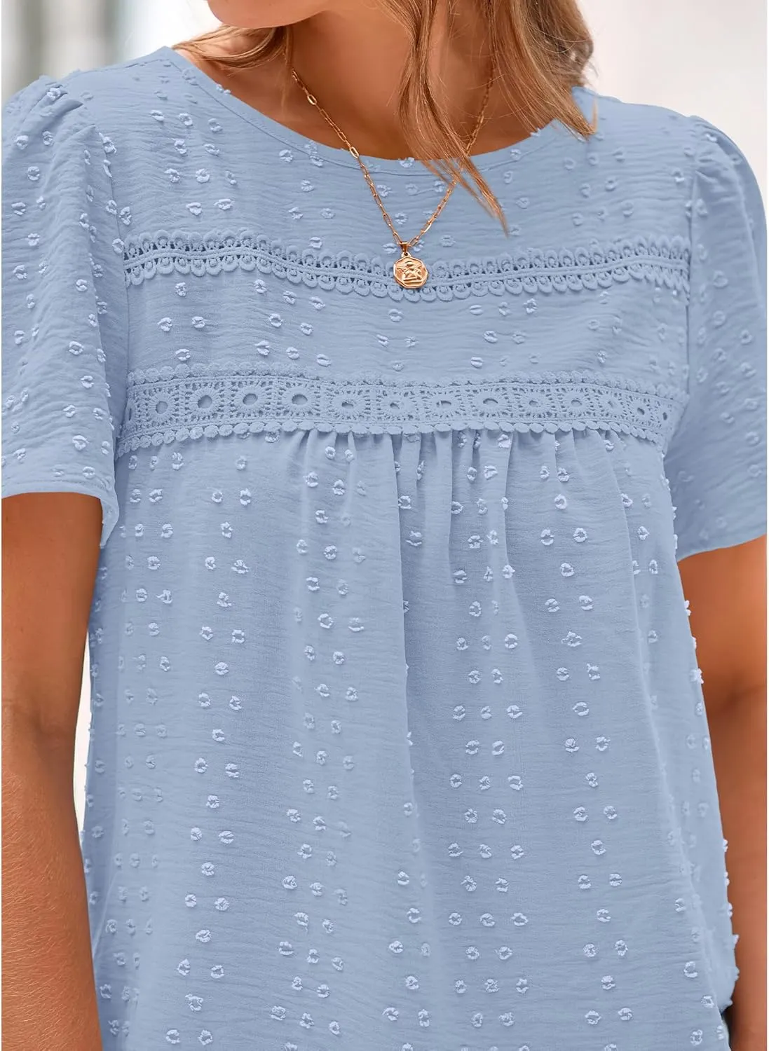 BTFBM Women's 2025 Summer Tops Swiss Dot Lace Crochet Crewneck Short Sleeve Casual Cute Shirts Boho Blouses