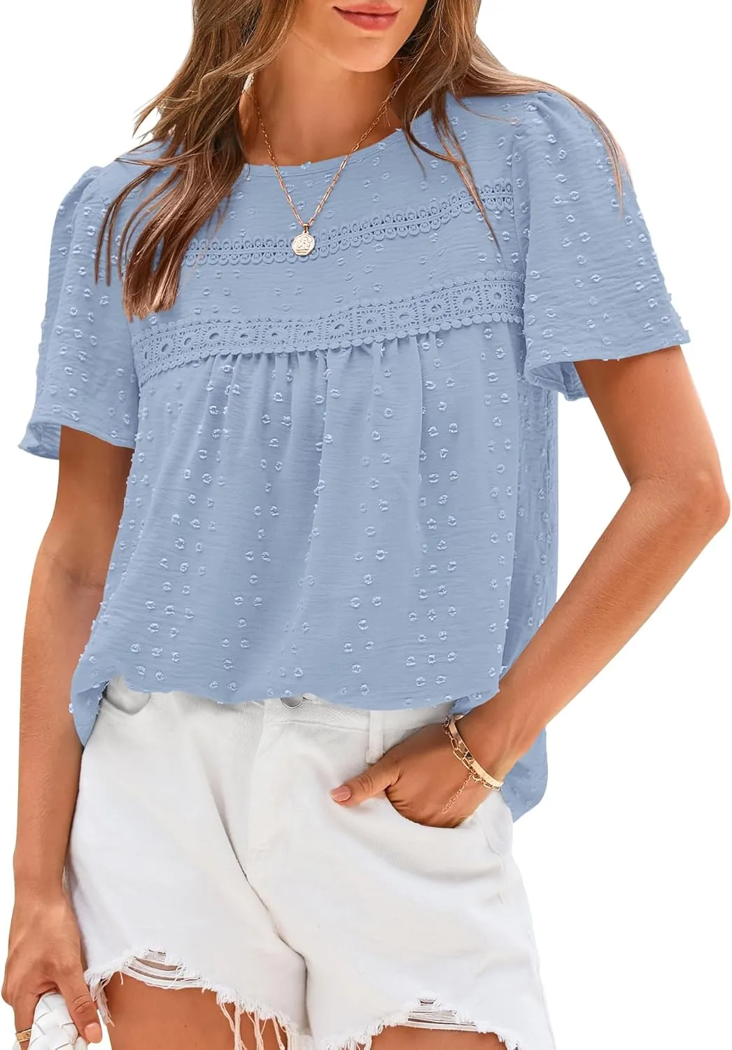 BTFBM Women's 2025 Summer Tops Swiss Dot Lace Crochet Crewneck Short Sleeve Casual Cute Shirts Boho Blouses