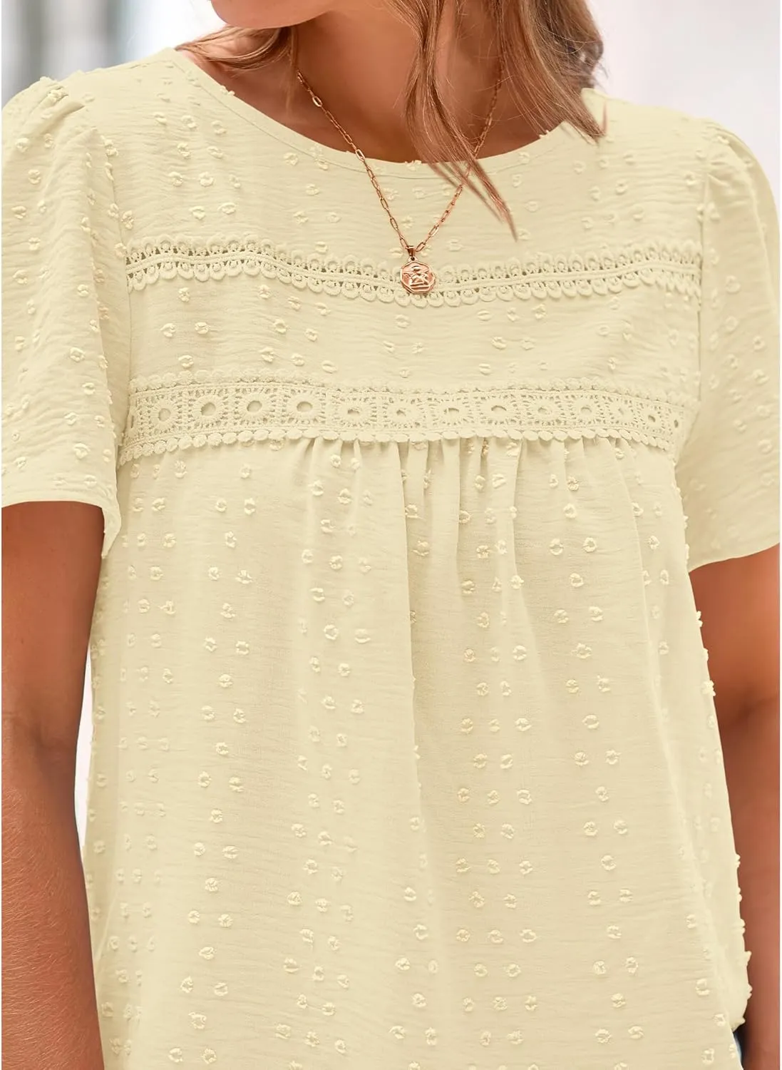 BTFBM Women's 2025 Summer Tops Swiss Dot Lace Crochet Crewneck Short Sleeve Casual Cute Shirts Boho Blouses