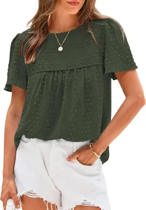 BTFBM Women's 2025 Summer Tops Swiss Dot Lace Crochet Crewneck Short Sleeve Casual Cute Shirts Boho Blouses