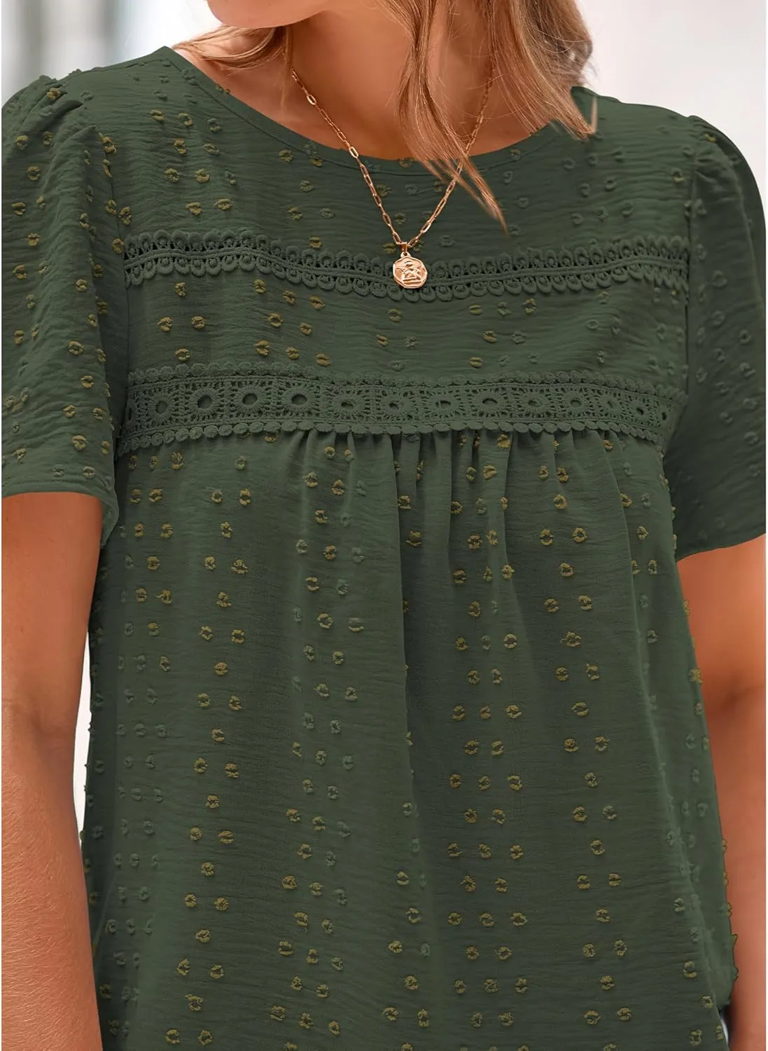 BTFBM Women's 2025 Summer Tops Swiss Dot Lace Crochet Crewneck Short Sleeve Casual Cute Shirts Boho Blouses