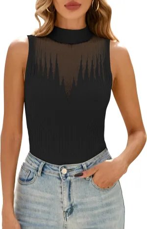 Cakulo Womens Summer Sleeveless Ribbed Tank Tops Sweater Vest 2025 Mock Neck Basic Sheer Knit Top Fitted Shirts