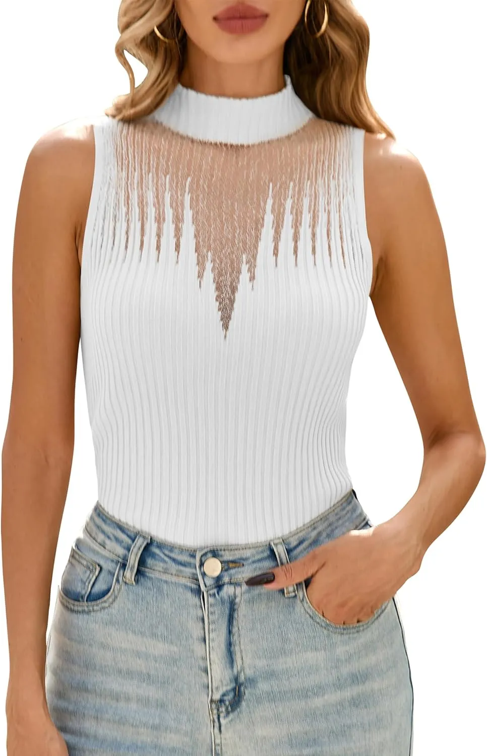 Cakulo Womens Summer Sleeveless Ribbed Tank Tops Sweater Vest 2025 Mock Neck Basic Sheer Knit Top Fitted Shirts
