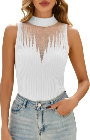 Cakulo Womens Summer Sleeveless Ribbed Tank Tops Sweater Vest 2025 Mock Neck Basic Sheer Knit Top Fitted Shirts