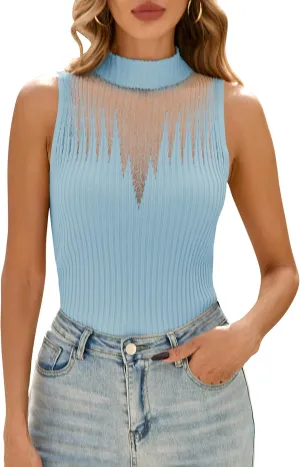 Cakulo Womens Summer Sleeveless Ribbed Tank Tops Sweater Vest 2025 Mock Neck Basic Sheer Knit Top Fitted Shirts