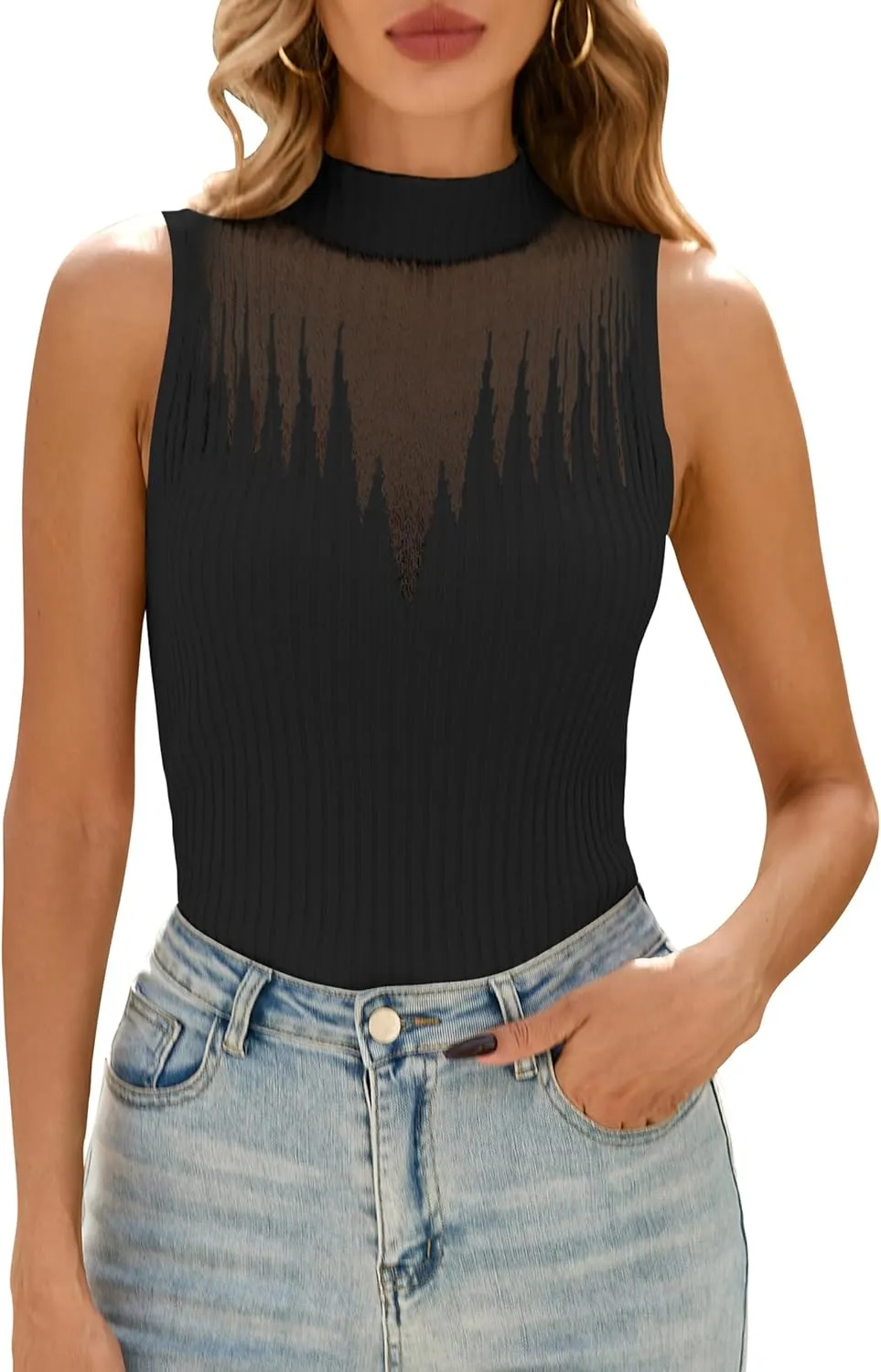 Cakulo Womens Summer Sleeveless Ribbed Tank Tops Sweater Vest 2025 Mock Neck Basic Sheer Knit Top Fitted Shirts