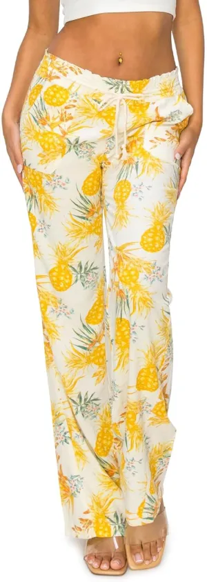 Cali1850 Women's Print Linen Pants - 32" Inseam Oceanside Drawstring Smocked Waist Casual Lounge Beach Trousers with Pockets