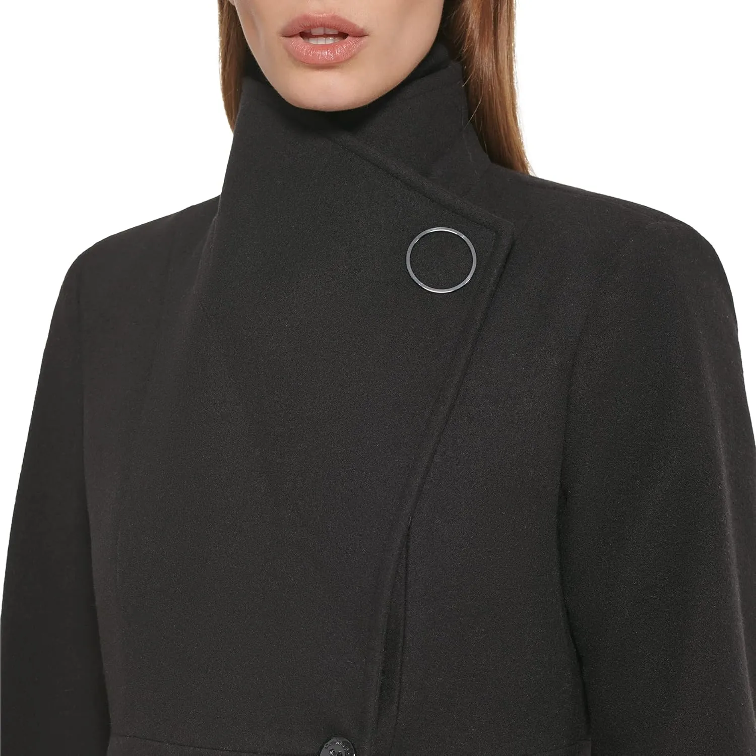 Calvin Klein Women's Ring Snap Detail Asymmetrical Closure Stand Collar Welt Pockets Coat