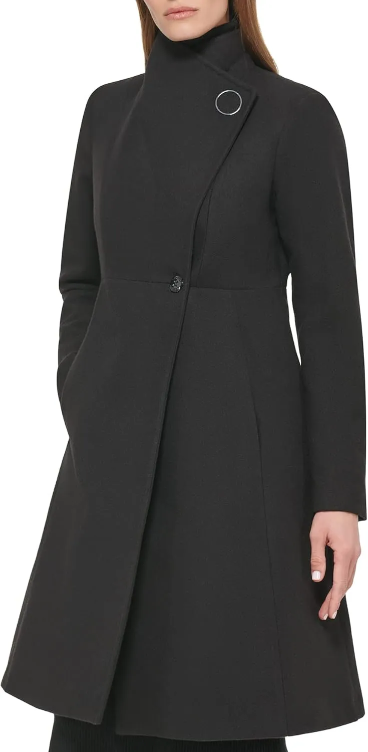 Calvin Klein Women's Ring Snap Detail Asymmetrical Closure Stand Collar Welt Pockets Coat