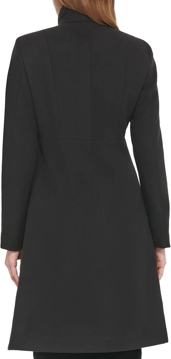 Calvin Klein Women's Ring Snap Detail Asymmetrical Closure Stand Collar Welt Pockets Coat