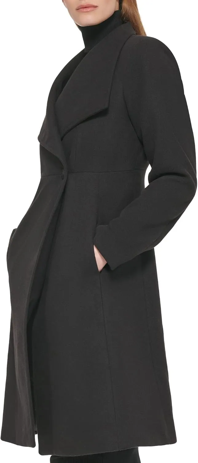 Calvin Klein Women's Ring Snap Detail Asymmetrical Closure Stand Collar Welt Pockets Coat