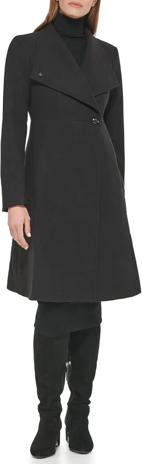 Calvin Klein Women's Ring Snap Detail Asymmetrical Closure Stand Collar Welt Pockets Coat