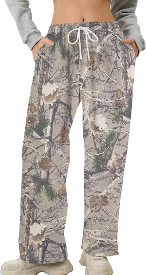Camo Pants for Women Wide Leg High Waist Drawstring Camo Sweatpants Fleece Baggy Causal Jogger Workout Pants