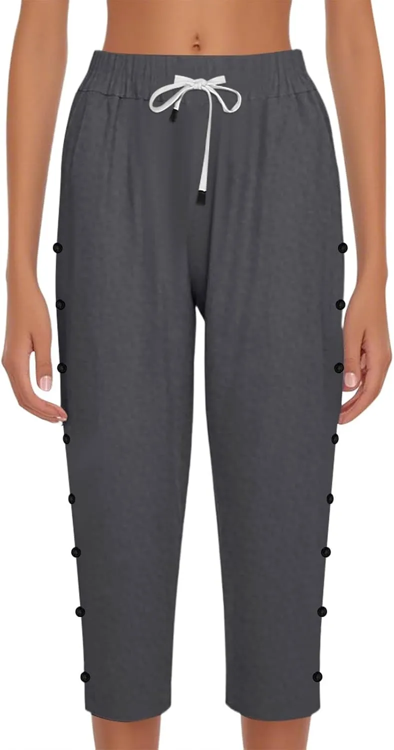 Capri Pants for Women Summer High Waist Elastic Straight Leg Lounge Pant Lightweight Side Button Beach Trousers