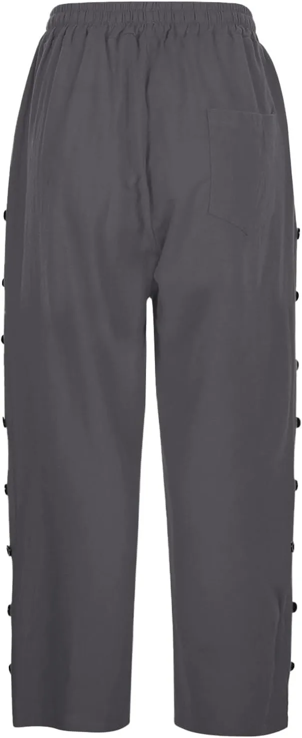 Capri Pants for Women Summer High Waist Elastic Straight Leg Lounge Pant Lightweight Side Button Beach Trousers