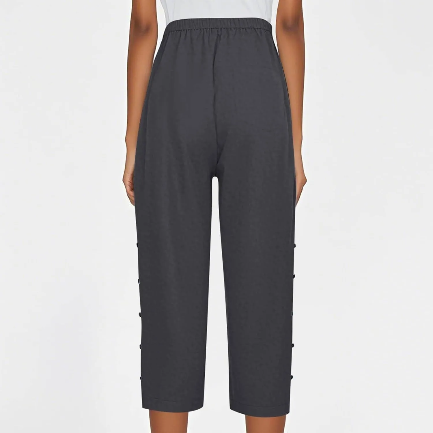 Capri Pants for Women Summer High Waist Elastic Straight Leg Lounge Pant Lightweight Side Button Beach Trousers