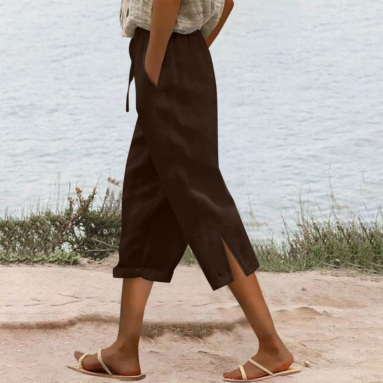 Capris Linen Pants for Women 2025 Summer High Waist Elastic Straight Leg Lounge Pant Lightweight Beach Trousers