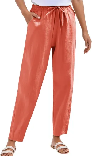 Casual Linen Pants for Women 2025 Summer Straight Leg Pant Drawstring High Waist Loose Comfy Cotton Beach Trousers