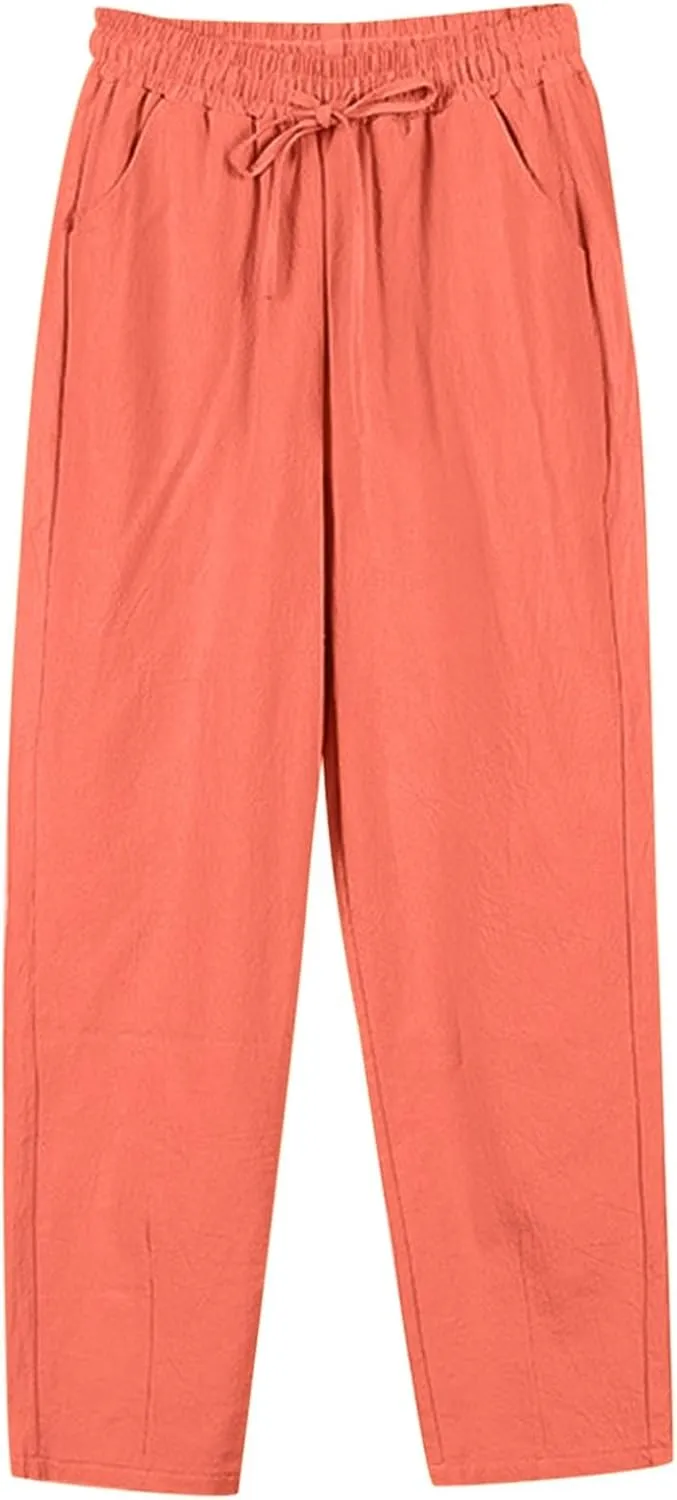 Casual Linen Pants for Women 2025 Summer Straight Leg Pant Drawstring High Waist Loose Comfy Cotton Beach Trousers