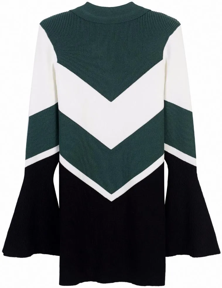 Chevron Knit Bell-Sleeve Sweater, Dark Green