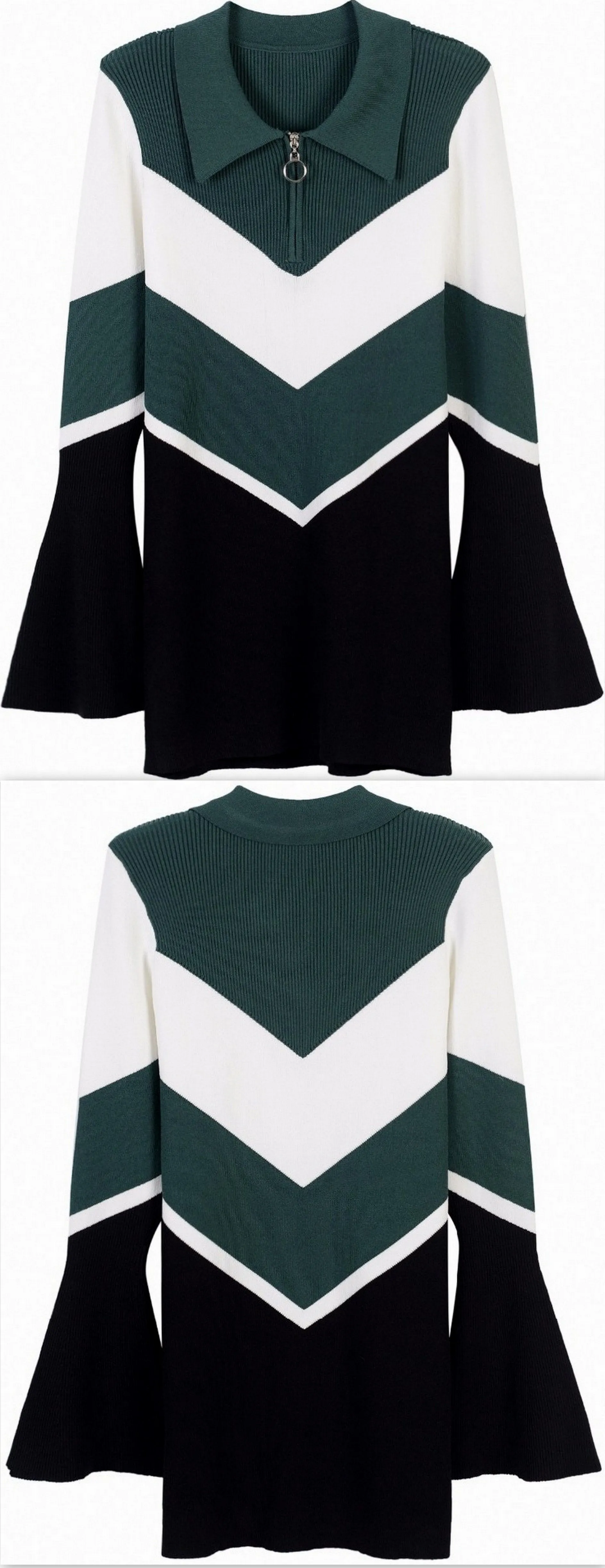 Chevron Knit Bell-Sleeve Sweater, Dark Green