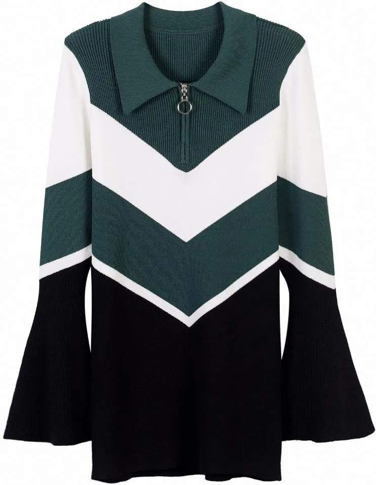 Chevron Knit Bell-Sleeve Sweater, Dark Green