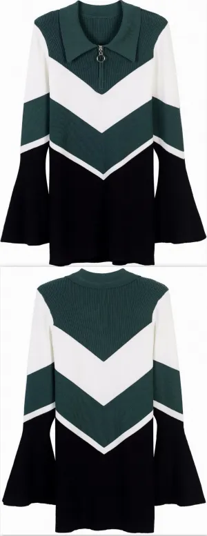 Chevron Knit Bell-Sleeve Sweater, Dark Green