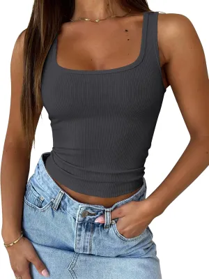 Cioatin Women Sleeveless Strappy U Scoop Neck Crop Tank Tops Y2K Ribbed Tight Fit Summer Workout Going Out Cami Shirt