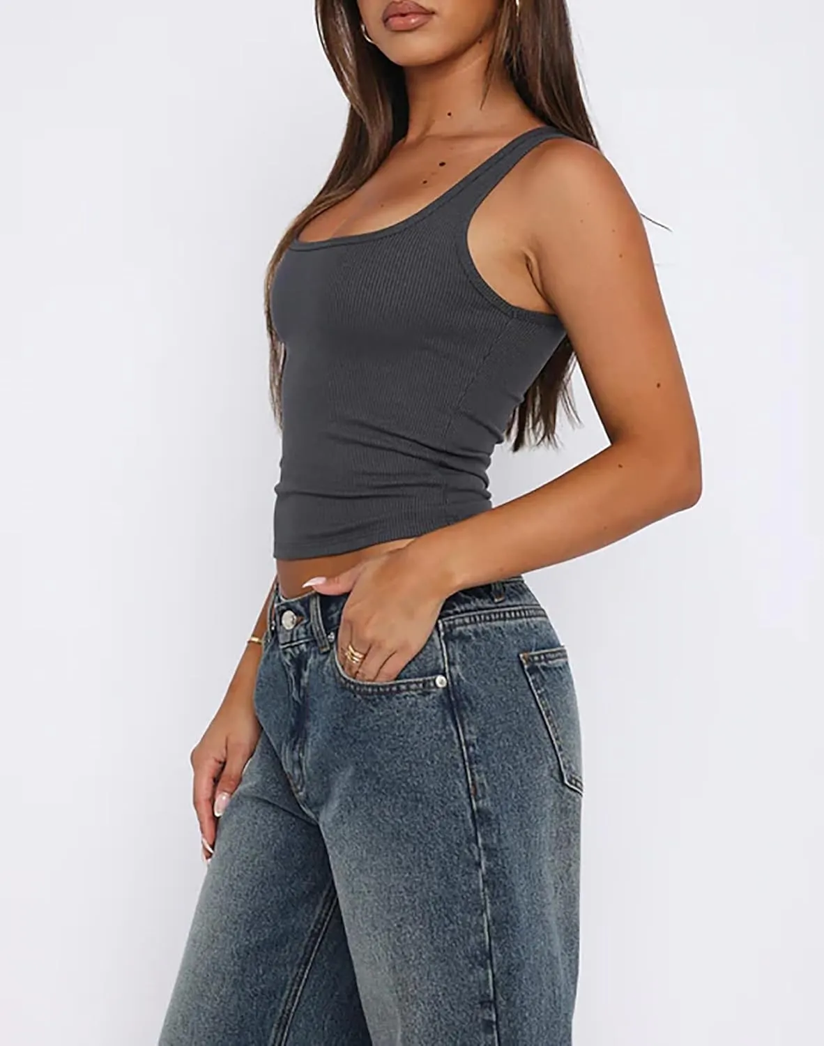 Cioatin Women Sleeveless Strappy U Scoop Neck Crop Tank Tops Y2K Ribbed Tight Fit Summer Workout Going Out Cami Shirt