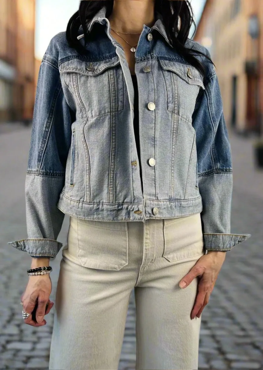 CONTRAST DENIM BOMBER JACKET