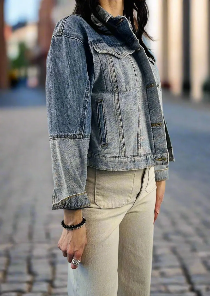 CONTRAST DENIM BOMBER JACKET