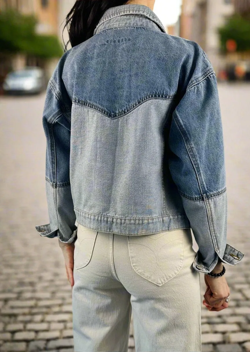 CONTRAST DENIM BOMBER JACKET