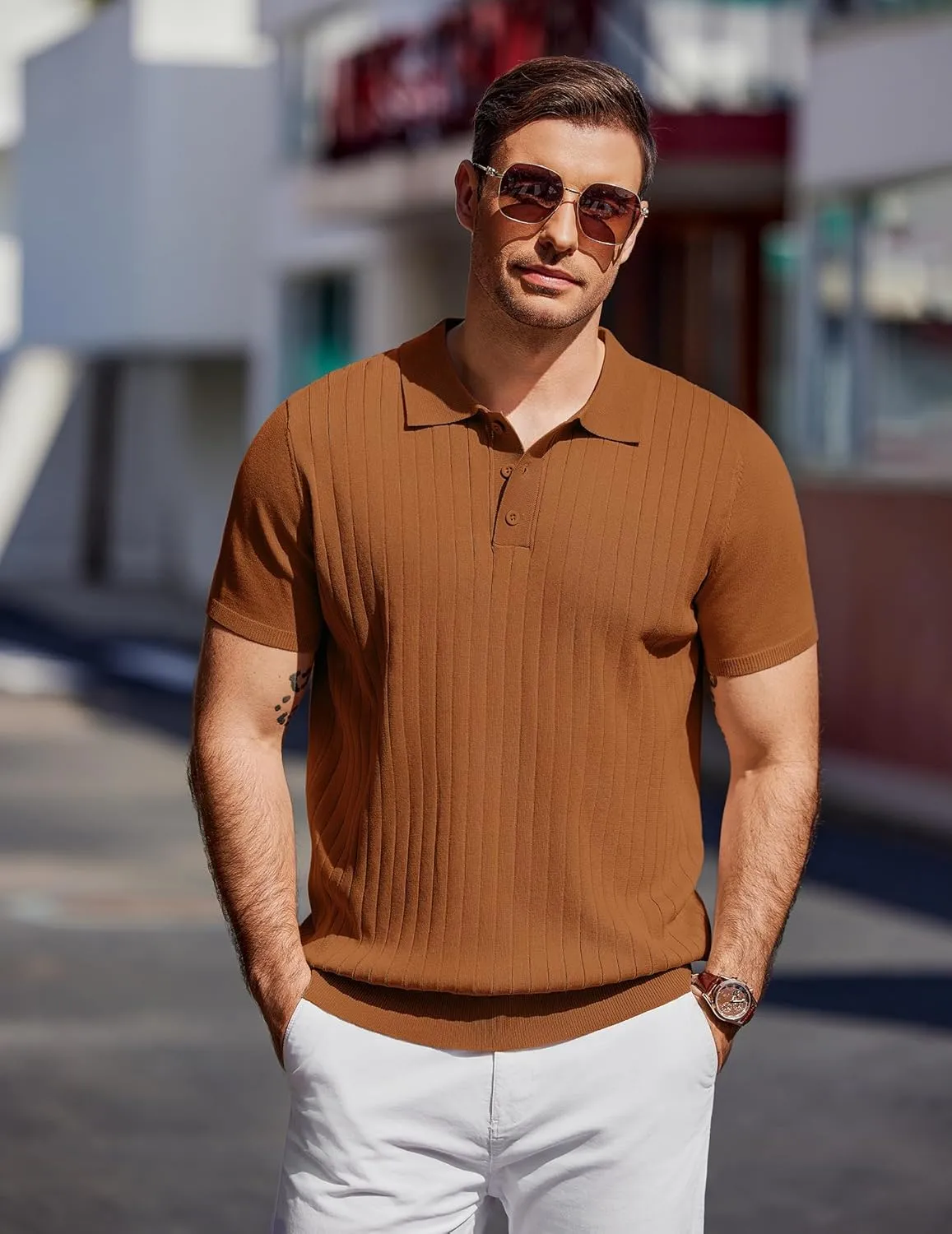 COOFANDY Men's Knit Polo Shirts Short Sleeve Ribbed Knitted Shirt Summer Lightweight Casual Golf Shirts