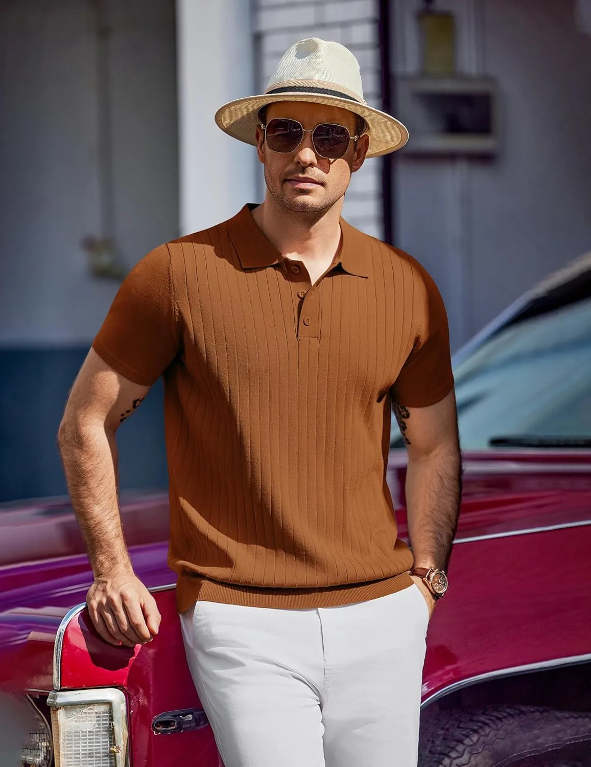 COOFANDY Men's Knit Polo Shirts Short Sleeve Ribbed Knitted Shirt Summer Lightweight Casual Golf Shirts