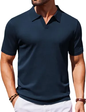 COOFANDY Mens Knit Polo Shirts V Neck Short Sleeve Stretch Polo T Shirt Casual Golf Shirts