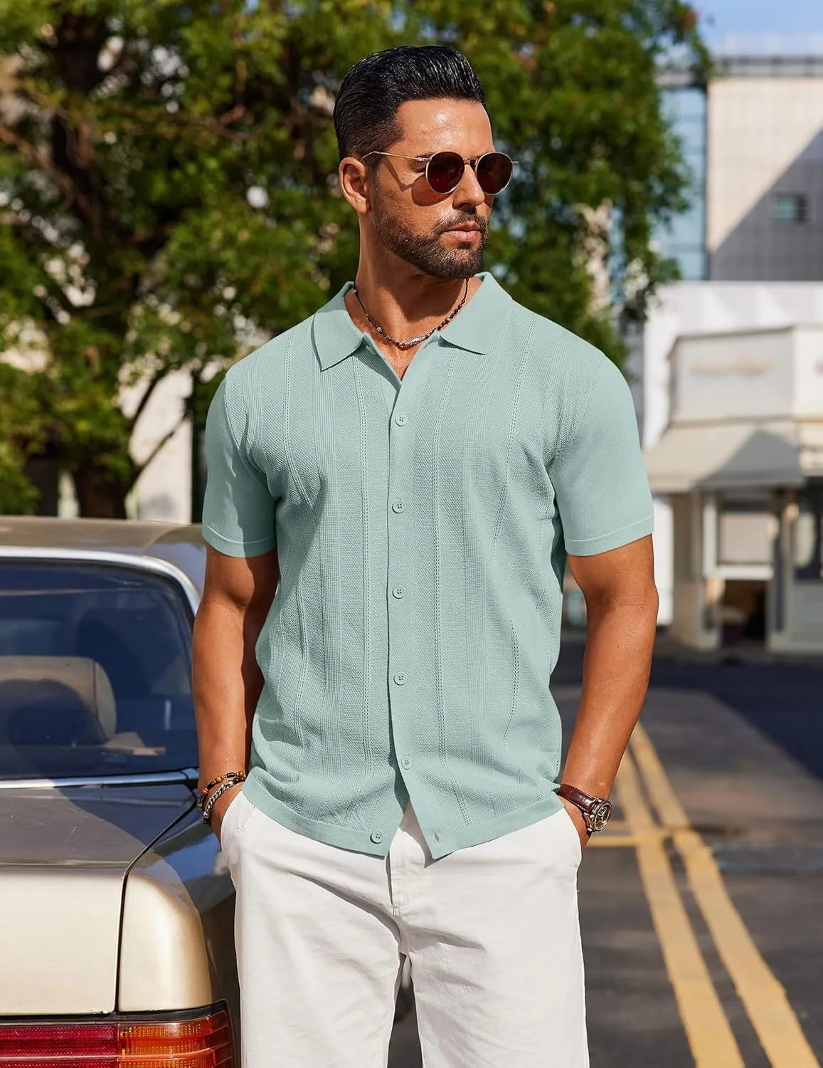 COOFANDY Mens Knit Shirt Short Sleeve Button Down Shirts Casual Summer Beach Vintage Polo Shirts