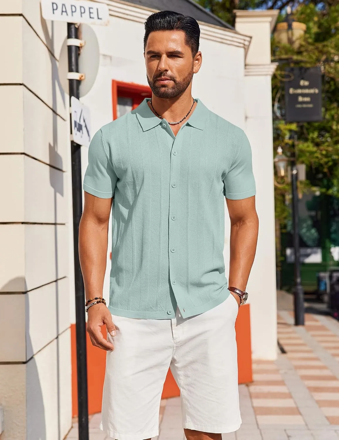 COOFANDY Mens Knit Shirt Short Sleeve Button Down Shirts Casual Summer Beach Vintage Polo Shirts