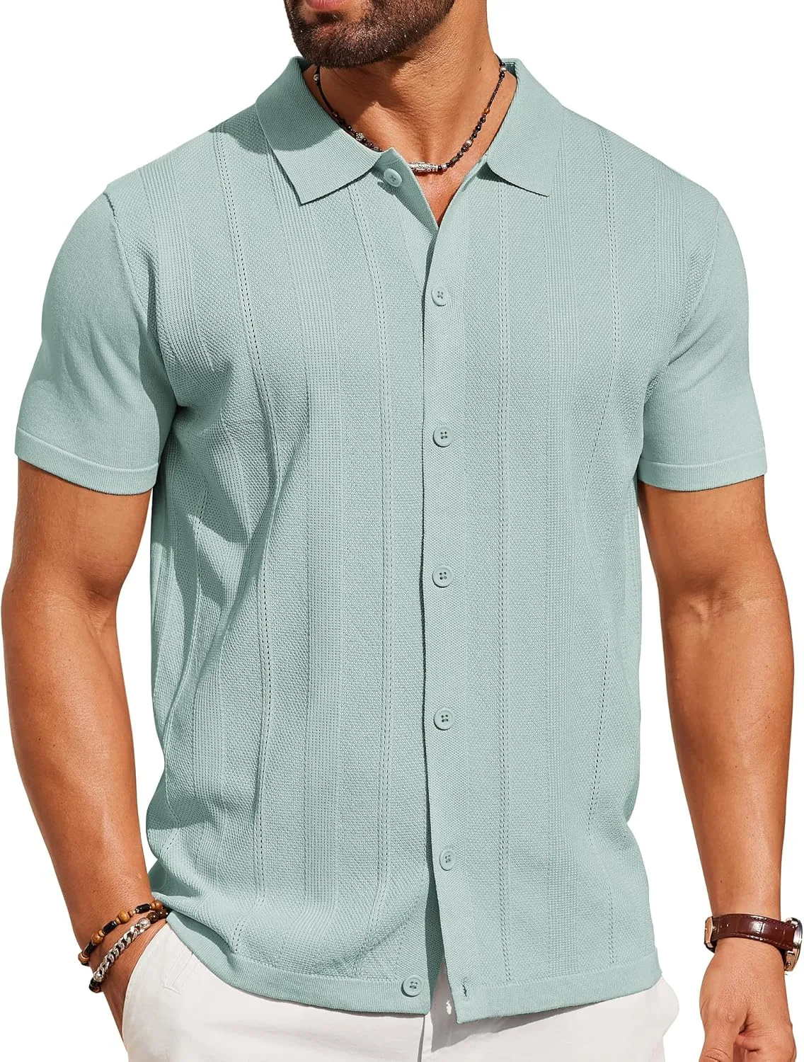 COOFANDY Mens Knit Shirt Short Sleeve Button Down Shirts Casual Summer Beach Vintage Polo Shirts