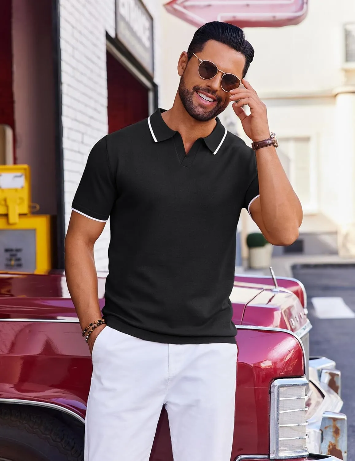 COOFANDY Mens Polo Shirts Short Sleeve Casual Knit Polo Shirt Vintage Golf T Shirts Old Money Tops