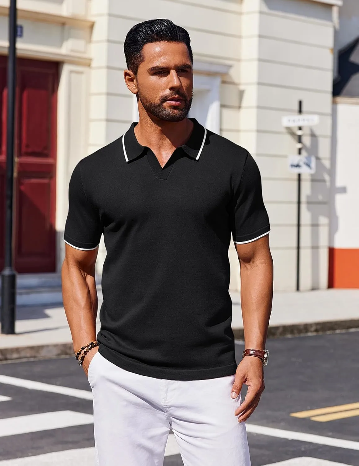COOFANDY Mens Polo Shirts Short Sleeve Casual Knit Polo Shirt Vintage Golf T Shirts Old Money Tops
