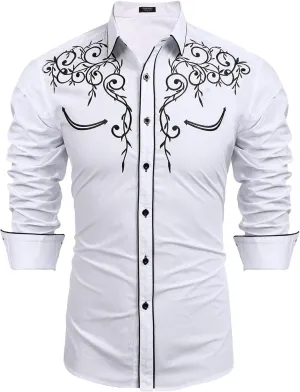 COOFANDY Men's Western Cowboy Shirts Long Sleeve Embroidered Shirt Slim Fit Casual Button Down Shirts