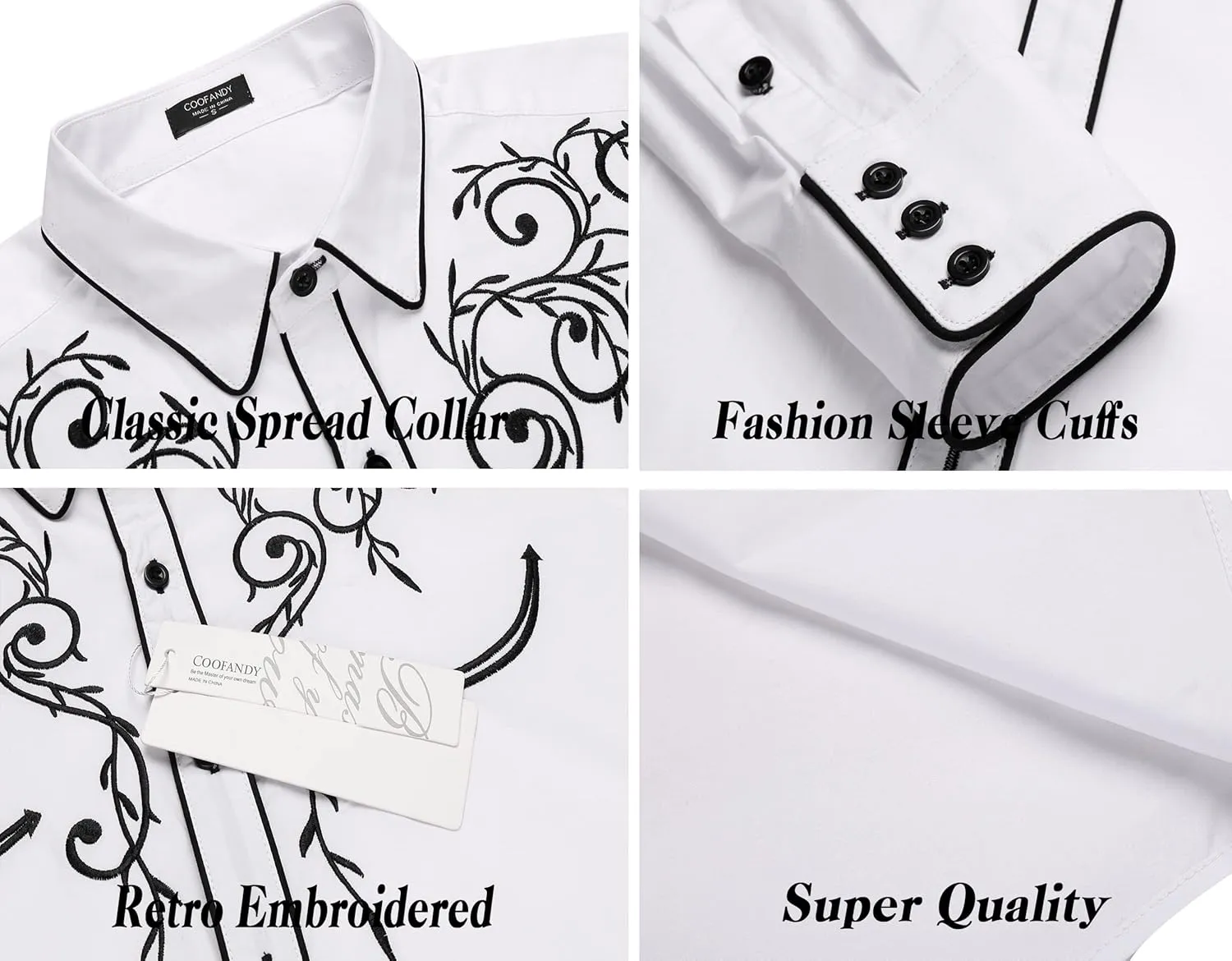 COOFANDY Men's Western Cowboy Shirts Long Sleeve Embroidered Shirt Slim Fit Casual Button Down Shirts