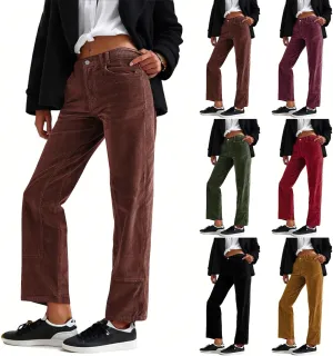Corduroy Pants Women Bootcut Elastic Waist Straight Leg Pants Casual Loose Vintage Pants Comfy Trousers with Pockets