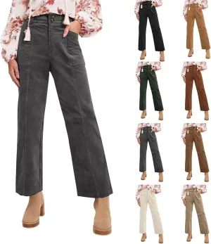 Corduroy Pants Women Straight Leg Elastic Waist Work Pants Casual Loose Ankle Jeans Vintage Teacher Pants with Pockets